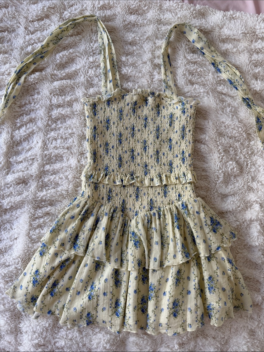 Katie J NYC Yellow/Blue Floral Smocked Tiered Sundress